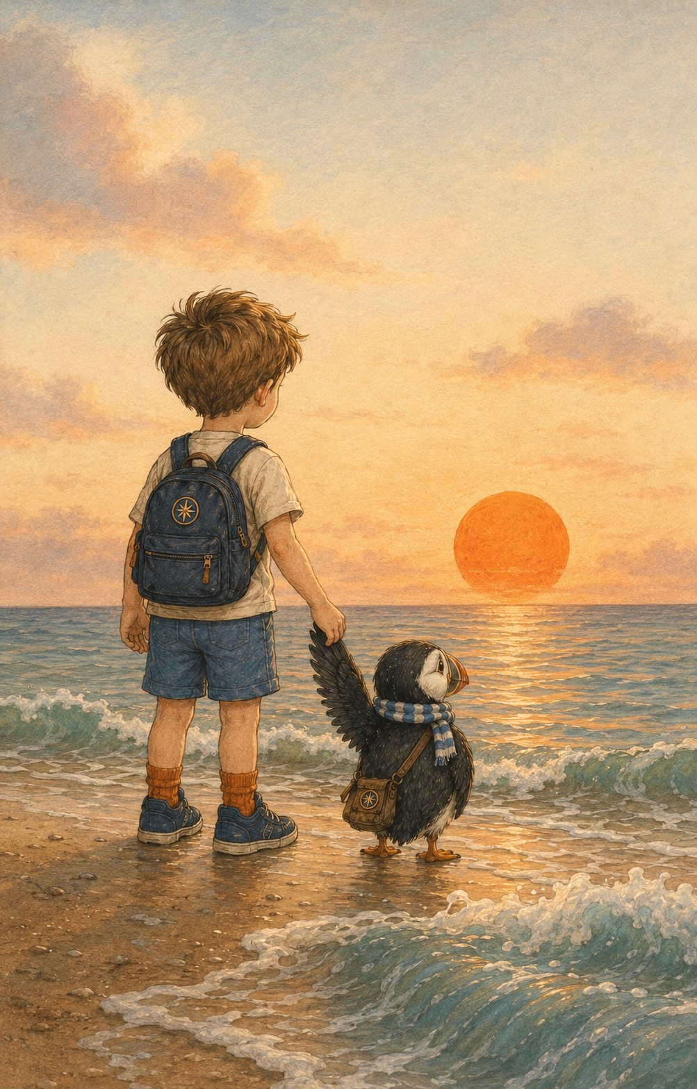 A young explorer and Finn the puffin standing together at the shoreline at sunset