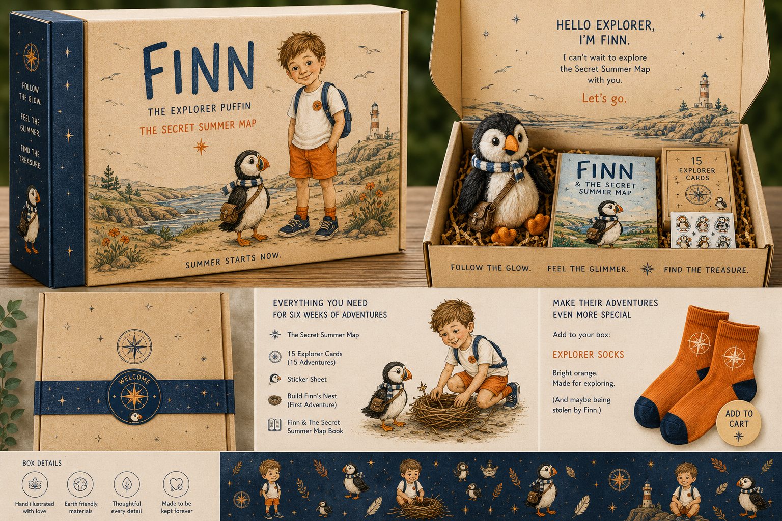 The Finn explorer box, storybook, puffin companion, map and explorer cards