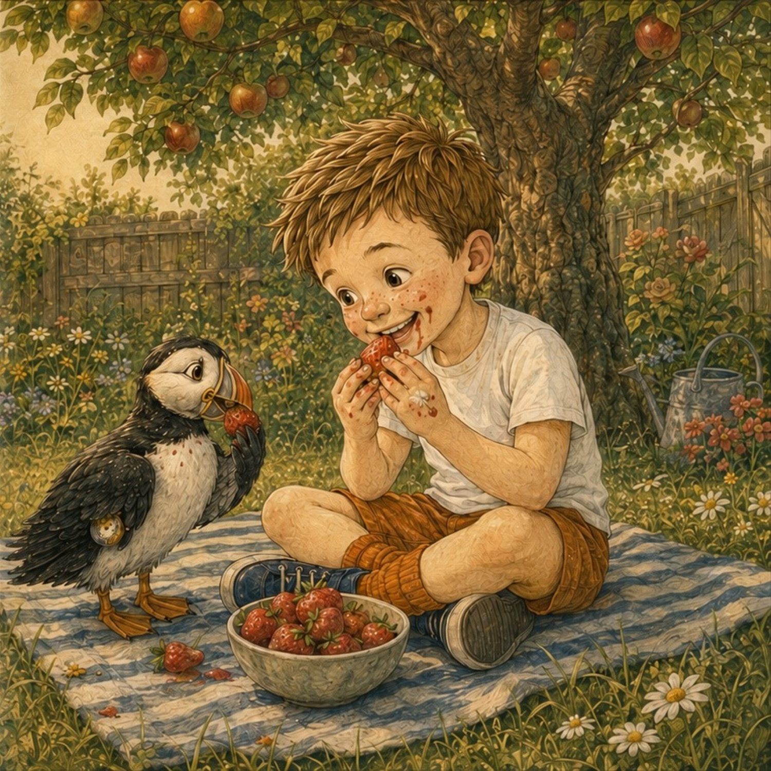 A child and Finn enjoying strawberries under an apple tree